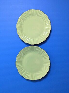 Set of 2 Green and Gold Fluted Porcelain Cake Plates